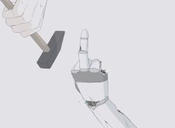 Rule 34 | 2others, absurdres, avogado6, close-up, commentary, crack, damaged, english commentary, hammer, hand focus, highres, mechanical hands, middle finger, multiple others, original, simple background, single mechanical hand, sparks, sweat, wire