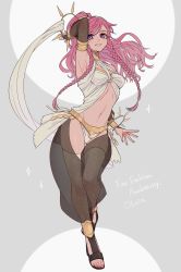 Rule 34 | 1girl, absurdres, arm up, braid, bridal gauntlets, character name, copyright name, fire emblem, fire emblem awakening, full body, hairband, highres, itou (very ito), long hair, midriff, nail polish, navel, nintendo, olivia (fire emblem), parted lips, pink eyes, pink hair, ponytail, see-through, side braid, simple background, solo, twin braids, white hairband
