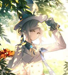 Rule 34 | 1girl, ajunalmx, blue brooch, blue gloves, blue hat, blue ribbon, blue shirt, branch, closed mouth, coat, collared shirt, commentary, day, flower, gloves, grey eyes, grey hair, hair bun, hat, highres, leaf, light particles, long sleeves, looking at viewer, neck ribbon, orange flower, orange rose, outdoors, reverse:1999, ribbon, rose, shirt, single side bun, solo, sparkle, top hat, upper body, vertin (reverse:1999), white coat, white ribbon