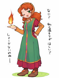 Rule 34 | 1girl, ;d, blush, brown footwear, brown shirt, commentary request, dragon quest, dragon quest vii, dress, fire, full body, green dress, green eyes, grey background, hand on own hip, head scarf, highres, layered sleeves, long hair, long sleeves, looking at viewer, magic, maribel (dq7), meis (terameisu), one eye closed, open mouth, orange hair, parted bangs, shirt, shoes, short over long sleeves, short sleeves, simple background, sketch, sleeveless, sleeveless dress, smile, solo, standing, translation request