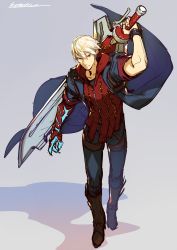 Rule 34 | 1boy, blue eyes, coat, devil bringer, devil may cry (series), devil may cry 4, full body, glowing, highres, holding, holding sword, holding weapon, hood, hood down, huge weapon, kotatsu (g-rough), long coat, male focus, nero (devil may cry), open clothes, open coat, over shoulder, red queen (sword), solo, sword, weapon, weapon over shoulder, white hair, wind, wind lift
