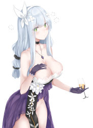 Rule 34 | 1girl, absurdres, bare arms, bare shoulders, black choker, black gloves, blush, breasts, choker, cleavage, closed mouth, cocktail glass, collarbone, commentary request, cowboy shot, cross hair ornament, cup, dress, drink, drinking glass, facial mark, girls&#039; frontline, gloves, green eyes, groin, hair ornament, hairband, hand on own chest, highres, hk416 (girls&#039; frontline), hk416 (starry cocoon) (girls&#039; frontline), holding, holding cup, jewelry, large breasts, long hair, looking at viewer, necklace, no panties, purple dress, ru zhai, silver hair, simple background, solo, standing, white background, wine glass