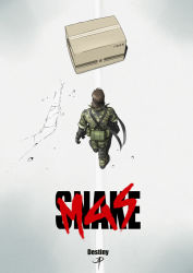 Rule 34 | 1boy, akira (manga), belt pouch, big boss, boots, box, brown hair, camouflage, canteen, cardboard box, combat boots, commentary, fanny pack, from behind, gloves, headband, male focus, metal gear (series), military, military uniform, mullet, parody, polarityplus, pouch, solo, uniform