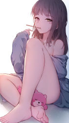 Rule 34 | 1girl, absurdres, bare legs, bare shoulders, barefoot, blush, breasts, brown hair, collarbone, commentary request, dated, facial mark, feet, food in mouth, gradient background, grey background, grey shirt, heart, heterochromia, highres, knee up, long hair, long sleeves, looking at viewer, mouth hold, no pants, pink eyes, shirt, sitting, sleeves past wrists, small breasts, solo, stuffed animal, stuffed toy, teddy bear, xiao ren, yellow eyes
