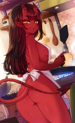 Rule 34 | 1girl, apron, ass, blunt bangs, breasts, colored skin, demon girl, demon horns, demon tail, freckles, frying pan, highres, horns, indoors, kitchen, large breasts, long hair, looking at viewer, meruccubus (merunyaa), merunyaa, mole, mole under eye, naked apron, oni, oni horns, original, pointy ears, red oni, red skin, smile, solo, tail