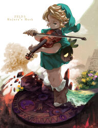 Rule 34 | 1boy, blonde hair, blue eyes, bow (music), brown footwear, copyright name, flower, full body, green headwear, green tunic, holding, holding bow (music), holding instrument, holding violin, instrument, link, looking to the side, male focus, mask, minato (minat0), nintendo, purple flower, short hair, solo, the legend of zelda, the legend of zelda: majora&#039;s mask, tree, violin, water, yellow flower, young link