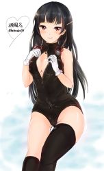 Rule 34 | 10s, 1girl, asymmetrical legwear, black hair, black thighhighs, blunt bangs, blush, breasts, cleavage, female focus, front zipper swimsuit, gloves, hair ornament, hair ribbon, hatoneko, isokaze (kancolle), kantai collection, large breasts, long hair, looking at viewer, meme attire, one-piece swimsuit, red eyes, ribbon, single thighhigh, smile, solo, swimsuit, thigh gap, thighhighs, tress ribbon, twitter username, uneven legwear, white gloves