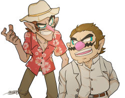 Rule 34 | 2boys, alternate costume, big nose, brown hair, brown pants, collared shirt, cosplay, facial hair, floral print, grin, hand in pocket, highres, jacket, long sleeves, looking at another, male focus, mario (series), mr. snake, mr. snake (cosplay), mr. wolf, mr. wolf (cosplay), multiple boys, mustache, nintendo, omu (sinsindan), open mouth, pants, pointy ears, red shirt, shirt, short hair, short sleeves, signature, simple background, smile, teeth, the bad guys (film), waluigi, wario, white background, white headwear, white jacket, white shirt