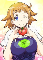 Rule 34 | 10s, 1girl, ;), apron, blue eyes, breasts, breasts squeezed together, brown hair, collared shirt, earrings, eyelashes, gundam, gundam build divers, haro, highres, jewelry, large breasts, looking at viewer, nanase nanami (gundam build divers), one eye closed, pink background, shirt, short hair, short sleeves, smile, solo, tomato, ueyama michirou, white shirt, wink, yellow background