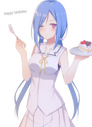 Rule 34 | 10s, 1girl, bad id, bad pixiv id, bingkongyanling, blue hair, brown eyes, cake, cowboy shot, food, fork, hanzoumon yuki, happy birthday, highres, long hair, low twintails, one eye closed, pleated skirt, release the spyce, scar, scar on face, school uniform, simple background, skirt, sleeveless, solo, twintails, white background, white skirt