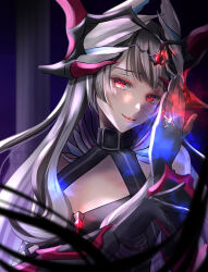 Rule 34 | 1girl, aged up, bad end, black gloves, black hair, collar, emblem ring, fire emblem, fire emblem engage, gloves, glowing, grey hair, hair ornament, halterneck, highres, kazu20200224, lipstick, long hair, looking at viewer, makeup, multicolored hair, nintendo, parted lips, red eyes, solo, spoilers, tiara, two-tone hair, upper body, veyle (evil) (fire emblem), veyle (fire emblem)