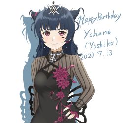 Rule 34 | 1girl, artist name, artist request, black dress, blue hair, blush, butterfly wings, collared dress, double bun, dress, earrings, female focus, frilled dress, frills, guilty kiss (love live!), hair bun, hand on own hip, highres, insect wings, jewelry, kusaka rinatsu, long hair, looking at viewer, love live!, love live! sunshine!!, necklace, new romantic sailors, parted lips, purple eyes, smile, solo, sparkle print, striped clothes, striped dress, sunrise in london, tiara, tsushima yoshiko, white background, wings