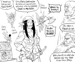 Rule 34 | +++, 2boys, 4girls, :d, axe, bald, bandana, bb (baalbuddy), beard, breasts, cleavage, closed eyes, commentary, dwarf, elf, english commentary, english text, facial hair, fairy, fairy wings, flying, greyscale, hat, highres, holding, holding axe, jacket, lock, long beard, long hair, mini person, minigirl, monochrome, multiple boys, multiple girls, muscular, muscular female, open mouth, orc, original, padlock, pants, pointy ears, sidelocks, simple background, smile, sword, thigh gap, tusks, weapon, white background, wings, witch, witch hat