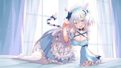 Rule 34 | :d, all fours, animal ears, bettle (b s a n), black bow, blue eyes, bow, breasts, cat ears, cat tail, cleavage, crescent, crescent hair ornament, curtains, detached sleeves, dress, ear piercing, fang, frilled dress, frills, hair bow, hair ornament, indoors, large breasts, maid, maid headdress, mole, mole under mouth, nekono yukino, official art, open mouth, paw pose, piercing, re:act, smile, solo, tail, virtual youtuber, white legwear, wide sleeves, window