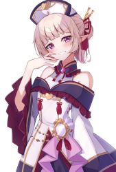 Rule 34 | 1boy, artist request, blonde hair, blush, collar, crossdressing, frills, hair ribbon, hand mirror, hand on own face, hat, highres, jewelry, looking at viewer, male focus, mirror, nurse cap, off shoulder, pointy ears, princess connect!, purple eyes, ribbon, simple background, smile, smirk, solo, tassel, trap, white background, yuki (princess connect!)
