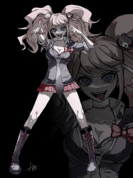 Rule 34 | 1girl, absurdres, black background, black shirt, blonde hair, blue eyes, boots, bow, breasts, cleavage, collarbone, danganronpa: trigger happy havoc, danganronpa (series), enoshima junko, full body, hair ornament, harari, highres, knee boots, large breasts, legs apart, long hair, looking at viewer, miniskirt, multiple views, nail polish, necktie, open mouth, plaid, plaid skirt, pleated skirt, red bow, red nails, shirt, short sleeves, signature, simple background, skirt, smile, standing, teeth, tongue, tongue out, twintails