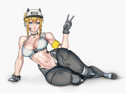 1girl abs arm_support armband bandaid bandaid_on_cheek bandaid_on_face bare_shoulders black_choker black_gloves black_pants blonde_hair blue_eyes breasts choker cleavage closed_mouth clothes_writing collarbone commentary doni_zefironi earpiece full_body gloves goddess_of_victory:_nikke hair_between_eyes hat highres large_breasts looking_at_viewer maxwell_(nikke) midriff navel pants shadow short_hair short_hair_with_long_locks sidelocks simple_background sitting smile solo sports_bra two-tone_gloves v visor_cap white_background white_gloves white_hat white_sports_bra yellow_armband yokozuwari