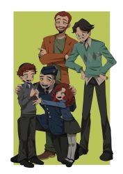 Rule 34 | 1girl, 4boys, absurdres, beard, black hair, blue eyes, brother and sister, brothers, crossed arms, facial hair, father and daughter, father and son, goatee, green eyes, hat, highres, ike broflovski, jacket, kyle broflovski, military, military hat, military uniform, multiple boys, mustache, aged up, orange jacket, peaked cap, red hair, short hair, siblings, skirt, south park, south park: post covid, spoilers, stan marsh, sweater, uniform, yamaka