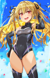Rule 34 | 1girl, :d, absurdres, arm behind head, arm up, bare shoulders, black gloves, black leotard, black ribbon, black thighhighs, blonde hair, blue sky, breasts, cloud, commentary request, confetti, covered navel, day, dolphin wave, elbow gloves, fingerless gloves, gloves, groin, hair between eyes, hair ribbon, highres, kazami ellen, leotard, long hair, looking at viewer, michairu, open mouth, outdoors, red eyes, ribbon, sky, small breasts, smile, solo, standing, teeth, thighhighs, twintails, upper teeth only, very long hair