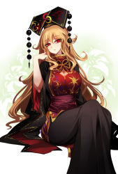 Rule 34 | 1girl, :/, absurdres, arm at side, arm up, black headwear, black sleeves, blonde hair, breasts, chinese clothes, cleavage, cleavage cutout, clothing cutout, crescent print, eyelashes, feet out of frame, floral background, flower, gold trim, headdress, highres, junko (touhou), large breasts, lips, long hair, long sleeves, looking to the side, obi, open mouth, parted lips, patterned clothing, phoenix crown, pom pom (clothes), raptor7, red eyes, sash, sidelocks, sitting, solo, spider lily, tabard, tassel, touhou, two-sided fabric, white background, wide sleeves