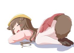 Rule 34 | 1girl, all fours, animal ears, ass, azur lane, black footwear, blush, brown hair, closed eyes, commentary request, crescent, crescent hair ornament, dog ears, dog tail, fumizuki (azur lane), hair ornament, hairclip, hat, legs, long hair, mary janes, open mouth, pantyhose, pink shirt, pink skirt, school hat, school uniform, shirt, shoes, simple background, skirt, sleeping, solo, tail, thighs, top-down bottom-up, toro, white background, white pantyhose, yellow hat