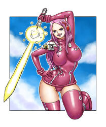 Rule 34 | 1girl, alternate costume, armor, arms up, breasts, cloud, cloudy sky, curvy, egghead island, gloves, hand on own hip, headphones, holding, holding weapon, iury padilha, jewelry bonney, jewelry bonney (egghead), large breasts, leotard, lips, lipstick, looking at viewer, makeup, official alternate costume, one piece, panties, piercing, pink gloves, pink hair, pink leotard, purple eyes, revealing clothes, shiny skin, shoulder armor, sky, sword, thick thighs, thighhighs, thighs, underwear, weapon, wide hips