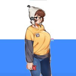 Rule 34 | 1girl, blue legwear, breasts, brown eyes, brown hair, cellphone, commentary, dated, english commentary, glasses, holding, holding phone, large breasts, leggings, looking to the side, original, phone, short hair, smartphone, snowcie, snowciel, solo, sweater, yellow sweater