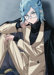 Rule 34 | 1boy, black coat, black footwear, black sweater, blue-framed eyewear, blue hair, buttons, closed mouth, coat, coat on shoulders, commentary request, creatures (company), frown, game freak, glasses, grusha (pokemon), highres, jacket, jewelry, long sleeves, looking at viewer, male focus, medium hair, nintendo, pants, pokemon, pokemon sv, ring, round eyewear, shoes, sitting, solo, sweater, tuze111, yellow jacket, yellow pants