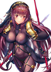 Rule 34 | 1girl, armor, bodysuit, breasts, covered navel, dual wielding, fate/grand order, fate (series), gae bolg (fate), highres, holding, holding weapon, large breasts, long hair, looking at viewer, pauldrons, polearm, purple bodysuit, purple hair, red eyes, scathach (fate), shiny clothes, shoulder armor, solo, spear, tako seijin, veil, weapon