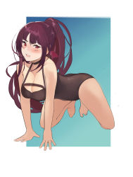 Rule 34 | 1girl, absurdres, barefoot, black one-piece swimsuit, blush, breasts, cleavage, collarbone, competition swimsuit, full body, girls&#039; frontline, hair ribbon, highres, jonbur man, long hair, looking at viewer, medium breasts, one-piece swimsuit, open mouth, ponytail, purple hair, red eyes, ribbon, solo, swimsuit, wa2000 (girls&#039; frontline)