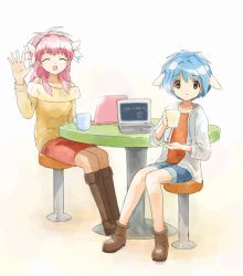 Rule 34 | 00s, 2girls, animal ears, bad id, bad pixiv id, blue hair, boots, casual, computer, cup, galaxy angel, keyboard (computer), laptop, looking at viewer, milfeulle sakuraba, miniskirt, mint blancmanche, mug, multiple girls, nyama, open mouth, short hair, simple background, sitting, skirt, smile, stool, table, yellow eyes