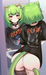 Rule 34 | 1girl, absurdres, ac/dc, animal ear fluff, animal ears, ass, baebub, band shirt, black collar, black shirt, black thighhighs, blush, bottomless, cat ears, cat girl, cat tail, collar, commentary, commission, cowboy shot, english text, from behind, green hair, heart, highres, indie virtual youtuber, looking at viewer, merchandise, mirror, parted lips, pink eyes, reflection, shirt, short hair, short sleeves, sidelocks, single thighhigh, sink, standing, symbol-only commentary, t-shirt, tail, teeth, thighhighs, twitter username, virtual youtuber, yimles