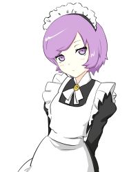 Rule 34 | 10s, 1girl, alternate costume, apron, blush, courtney (pokemon), courtney (pokemon oras), creatures (company), enmaided, expressionless, game freak, highres, looking at viewer, maid, maid apron, maid headdress, nintendo, pokemon, pokemon oras, purple eyes, purple hair, short hair, solo, yutori roriron