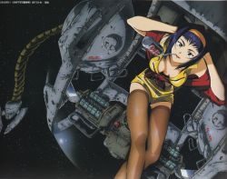Rule 34 | 1990s (style), 1girl, arms behind head, breasts, cleavage, cowboy bebop, faye valentine, female focus, green eyes, highres, large breasts, lipstick, looking at viewer, makeup, official art, open clothes, open shirt, purple hair, red lips, shirt, short hair, solo, space