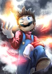 Rule 34 | 1boy, absurdres, black footwear, blue eyes, blue overalls, brown hair, closed mouth, commentary, english commentary, facial hair, gloves, highres, looking at viewer, male focus, mario, mario (series), mustache, nintendo, no headwear, one eye closed, overalls, red shirt, ruu (ruigi12), shirt, short hair, white gloves