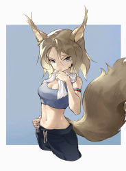Rule 34 | &gt;:(, 1girl, absurdres, animal ears, arknights, ashlock (arknights), bare arms, bare shoulders, black pants, breasts, brown hair, cleavage, crop top, cropped legs, grey eyes, hair between eyes, highres, large tail, looking at viewer, material growth, medium breasts, midriff, navel, oripathy lesion (arknights), pants, sandwich (sandwich329394), short hair, solo, sports bra, squirrel ears, squirrel tail, stomach, tail, towel, towel around neck, v-shaped eyebrows