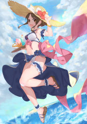 Rule 34 | 1girl, :d, ankle cuffs, arm up, armpits, bangle, bare legs, bikini, blue skirt, blush, bow, bracelet, breasts, bridal garter, brown eyes, brown hair, cloud, cloudy sky, commentary request, cup, day, detached sleeves, drink, drinking glass, flower, food, frills, hair bun, hat, hat bow, hat flower, hibiscus, highres, holding, holding tray, horizon, ice, ice cream, ice cube, jewelry, jumping, long hair, medium breasts, navel, ocean, open mouth, outdoors, pink ribbon, plate, princess connect!, puffy short sleeves, puffy sleeves, revision, ribbon, sandals, short sleeves, sidelocks, signature, single hair bun, skirt, sky, smile, solo, splashing, spoon, stomach, straw hat, suzume (princess connect!), suzume (summer) (princess connect!), swimsuit, tareme, tray, water, waterring, white bikini, white bow