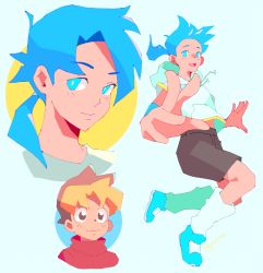Rule 34 | 2boys, artist name, blonde hair, blouse, blue-haired boy (how to draw manga), blue background, blue footwear, blue hair, blue theme, blush, brown eyes, brown hair, brown shorts, closed mouth, derivative work, drawstring, forehead, foreshortening, full body, hair intakes, hair tie, happy, hood, hoodie, how to draw manga, how to draw manga redraw challenge (meme), jumping, kneehighs, light blush, long hair, loose socks, male focus, meme, multicolored hair, multiple boys, multiple views, open mouth, ponytail, rebekah jin, red sweater, shirt, shoes, short shorts, shorts, signature, simple background, sleeveless, sleeveless hoodie, smile, socks, sweater, twitter username, two-tone-haired boy (how to draw manga), two-tone hair, upper body, white hoodie, white legwear, white shirt
