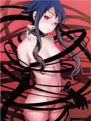 Rule 34 | 1girl, asymmetrical gloves, blouse, blue hair, breasts, censored, collar, convenient censoring, creature, creature on shoulder, darkness, elbow gloves, formal, futuregraph, gloves, half-closed eyes, head tilt, highres, long hair, mardock scramble, mouse (animal), murata range, naked ribbon, nude, on shoulder, red background, red eyes, ribbon, rune balot, shirt, short hair with long locks, sidelocks, simple background, small breasts, solo, suit, uneven gloves, white shirt
