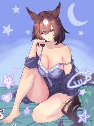 Rule 34 | 1girl, animal ears, babydoll, barefoot, blue babydoll, breasts, brown hair, cleavage, closed mouth, crescent moon, ear ornament, hair between eyes, hand on own face, highres, horse ears, horse girl, horse tail, large breasts, legs, long hair, looking at viewer, mmm (mmm623), moon, multicolored hair, on bed, red eyes, sirius symboli (umamusume), smile, solo, streaked hair, tail, umamusume
