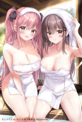 Rule 34 | 2girls, black bow, bow, breasts, brown hair, cleavage, collarbone, commentary request, hair bow, hair ornament, hairclip, large breasts, long hair, multiple girls, naked towel, onsen, original, pink hair, rikatan, towel, towel on head