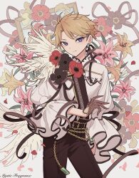 Rule 34 | 1boy, absurdres, bishounen, black flower, blonde hair, brown gloves, brown pants, chain, closed mouth, cowboy shot, earrings, ensemble stars!, feathered wings, floral background, flower, frilled sleeves, frills, gloves, half gloves, highres, jewelry, lily (flower), long sleeves, looking at viewer, male focus, meremero, narukami arashi, pants, picture frame, pink flower, poppy (flower), puffy long sleeves, puffy sleeves, purple eyes, red flower, shirt, smile, solo, standing, white shirt, white wings, wings, yellow flower