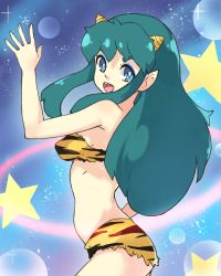 Rule 34 | 1girl, :d, bare arms, bare shoulders, bikini, blue eyes, commentary, cone horns, cowboy shot, english commentary, eyeshadow, fang, green hair, highres, horns, long hair, looking at viewer, lum, makeup, oni, open mouth, pointy ears, smile, solo, standing, star (symbol), striped bikini, striped clothes, swimsuit, urusei yatsura, vins-mousseux