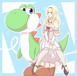 Rule 34 | 10s, 1girl, bare shoulders, blonde hair, blue eyes, breasts, cleavage, commentary request, crossover, detached sleeves, dress, hairband, high heels, highres, jewelry, kantai collection, kenahisu (kenahisu62), long hair, mario (series), necklace, nintendo, no headwear, off-shoulder dress, off shoulder, pantyhose, sidesaddle, smile, super mario world, warspite (kancolle), white dress, white pantyhose, yoshi