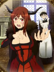 Rule 34 | 10s, 2girls, absurdres, adjusting eyewear, angry, apron, black choker, black hair, blush, breasts, brown hair, candelabra, candle, candlestand, choker, cleavage, cloak, dress, enterbrain, female focus, fireplace, fur, hand on own chest, hat, highres, horns, large breasts, long hair, maid, maid-chou (maoyuu), maid apron, maou (maoyuu), maoyuu maou yuusha, mirror, mob cap, multiple girls, official art, open mouth, outstretched arm, purple eyes, red eyes, reflection, window, wooden floor