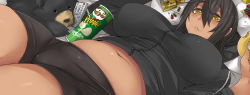 Rule 34 | 1girl, :&lt;, bear, belly, black hair, breasts, candy, controller, dark skin, dark-skinned female, doughnut, exaxuxer, food, kuu-chan (exaxuxer), large breasts, looking at viewer, lying, midriff, navel, on back, original, plump, pocky, pringles, remote control, short hair, short shorts, shorts, solo, yellow eyes