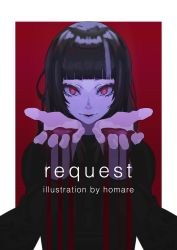 Rule 34 | 1girl, black hair, black shirt, blood, blunt bangs, border, closed mouth, commentary request, commission, highres, homare eramoh, long hair, long sleeves, looking at viewer, original, pink eyes, reaching, reaching towards viewer, red background, shirt, simple background, skeb commission, solo, upper body, white border