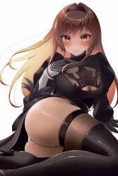 Rule 34 | 1girl, 2b (nier:automata), 2b (nier:automata) (cosplay), animal ears, arm support, ass, black dress, black hairband, breasts, brown hair, cat ears, cat girl, cat tail, cleavage cutout, closed mouth, clothing cutout, cosplay, dress, gloves, goddess of victory: nikke, hairband, highres, large breasts, leotard, long hair, milmil7, orange eyes, rapi (nikke), side slit, skindentation, sleeves past elbows, tail, thighhighs, thighs, white leotard