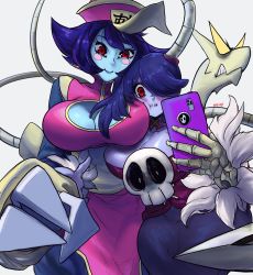Rule 34 | 2girls, bare shoulders, blue hair, blue skin, blush, blush stickers, breasts, cellphone, chinese clothes, cleavage, cleavage cutout, clothing cutout, colored skin, detached collar, detached sleeves, female focus, flipped hair, hair over one eye, hat, highres, huge breasts, jiangshi, lei lei, leviathan (skullgirls), lyn nyl, monster girl, multiple girls, noblood (ryandomonica), ofuda, phone, qingdai guanmao, red eyes, selfie, short hair, side ponytail, skullgirls, smartphone, squigly (skullgirls), stitched mouth, stitches, striped, striped sleeves, vampire (game), zombie