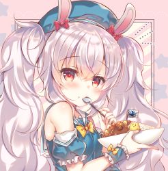 Rule 34 | 1girl, animal, animal ears, azur lane, bare shoulders, beret, bird, blue hat, blue shirt, blue sleeves, blush, bow, bowtie, chick, choker, closed mouth, commentary request, curry, curry rice, detached sleeves, fingernails, flag, food, food on face, frilled sleeves, frills, hair between eyes, hair bow, hair ornament, hat, holding, holding plate, holding spoon, laffey (azur lane), laffey (bunny clerk?) (azur lane), long hair, looking at viewer, looking to the side, notice lines, plate, puffy short sleeves, puffy sleeves, rabbit ears, rabbit hair ornament, red bow, red eyes, rice, rice on face, sailor collar, school uniform, serafuku, shirt, short sleeves, silver hair, sleeveless, sleeveless shirt, solo, spoon, star (symbol), suzunone rena, twintails, upper body, wavy hair, white sailor collar, wrist cuffs, yellow bow, yellow bowtie